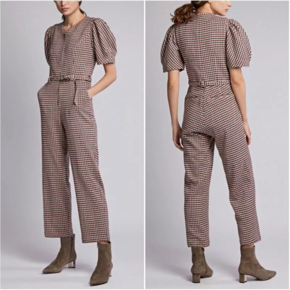 Sea NY Petra Houndstooth Plaid Wool-blend Puff Sleeve Jumpsuit 4